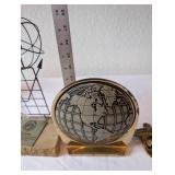 Collection of 3 Desk Decor Pieces Incl. Metal Globe Bookend, Science Award Sculpture, and Cast Iron Bottle Opener