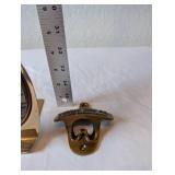 Collection of 3 Desk Decor Pieces Incl. Metal Globe Bookend, Science Award Sculpture, and Cast Iron Bottle Opener