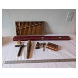 Vintage Wooden Tool and Decor Collection with Level, Sorting Tray, and Carved Box