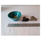 Small Turquoise Ceramic Bowl with 2 Carved Stone Dog Figurines