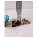 Small Turquoise Ceramic Bowl with 2 Carved Stone Dog Figurines