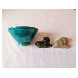 Small Turquoise Ceramic Bowl with 2 Carved Stone Dog Figurines