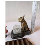 Antique Cast Iron Griswold Corn Stick Pan, Brass Dog Inkwell, and Vintage Toy Spinner Trio