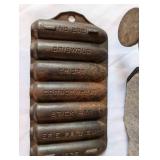 Antique Cast Iron Griswold Corn Stick Pan, Brass Dog Inkwell, and Vintage Toy Spinner Trio