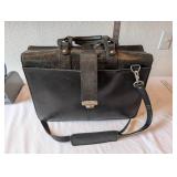 Black Leather Briefcase with Shoulder Strap and Dual Compartments