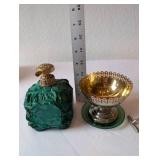 Vintage Menâs Shaving Set with Green Glass Bottle, Brass Dish, Razor, and Brush