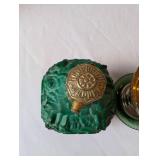 Vintage Menâs Shaving Set with Green Glass Bottle, Brass Dish, Razor, and Brush