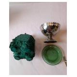 Vintage Menâs Shaving Set with Green Glass Bottle, Brass Dish, Razor, and Brush