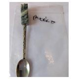 Mexican Silver Souvenir Spoon with Onyx Handle and Decorative Silver Horseshoe Brooch