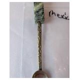 Mexican Silver Souvenir Spoon with Onyx Handle and Decorative Silver Horseshoe Brooch