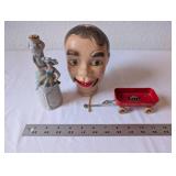 Vintage Collectibles Lot: Porcelain Ballerina Bottle, Ventriloquist Dummy Head, Mini Metal Wagon