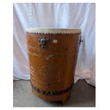 Large Vintage Wood and Hide Barrel Drum with Carved Figures