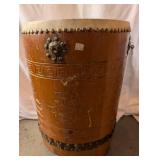 Large Vintage Wood and Hide Barrel Drum with Carved Figures