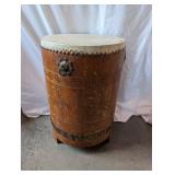 Large Vintage Wood and Hide Barrel Drum with Carved Figures