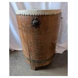 Large Vintage Wood and Hide Barrel Drum with Carved Figures
