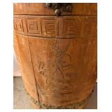 Large Vintage Wood and Hide Barrel Drum with Carved Figures