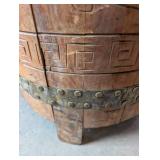 Large Vintage Wood and Hide Barrel Drum with Carved Figures