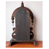 Antique Wooden Mantel Clock with Ornate Carvings and Key