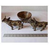 Antique Cast Metal Oxen Figures and Textured Metal Bowl Set