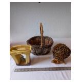 Vintage Basket, Ceramic Planter, and Sea Shell Display Collection