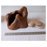 Wood Carved Burl Planter and Carved Stone Trinket Box Set