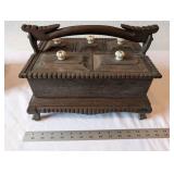 Antique Wooden Divided Box with Lids and Ornate Handle