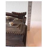 Antique Wooden Divided Box with Lids and Ornate Handle