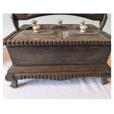 Antique Wooden Divided Box with Lids and Ornate Handle