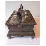 Antique Wooden Divided Box with Lids and Ornate Handle