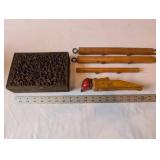 Lot of Vintage Wooden Folk Items with Carved Box and Handmade Utensils