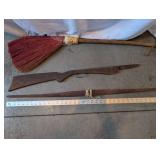 Vintage Wooden Toy Rifle, Stick Hobby Horse, and Handcrafted Straw Broom Set