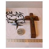 Lot of 3 Religious Decor Items - Metal Crucifix, Fish Plaque, Bird Motif Stand