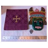 Group of 3: Sterling Silver Pendant, Embroidered Cloth, and Hand-Painted Mask