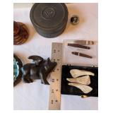 Vintage Ashtray and Collectibles Lot with Cast Iron Pig and Miscellaneous Items