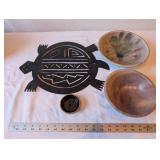 Collection of 3 Decorative Bowls and Metal Turtle Wall Art