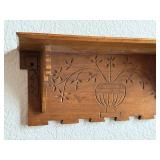 Carved Wood Wall Shelf with Floral Basket Motif - Rustic Vintage Decor