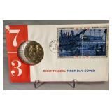 1973 Adams & Henry American Revolution Bicentennial Commemorative Medal - "First Day of Issue" - original package plus Boston Tea Party stamps!