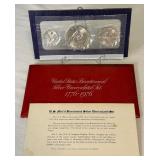 1976 Bicentennial 1776-1976 40% SILVER Uncirculated 3 Coin Set - original package with coa - red packet shows fire damage around edge