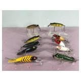 Lot of 10 Collectible Fishing Lures - JC Higgins - Millsite 500 Series Slow Sinker - Bomber & More