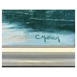 Framed Signed Painting on Canvas of Pond with Birch Trees by C. Mattison