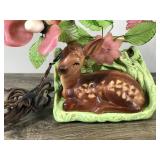 Vintage Shawnee USA Electric Portable Lamp - Deer Fawn Laying next to logs with flowers overhead