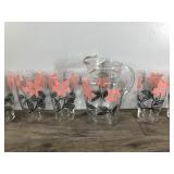 Vintage Beverage Glass Tumblers and Pitcher, Pink & Black Flowers