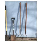 2 Spade Shovels - 2 - Pitch Forks - 2 - Axes and one has a mall on one side