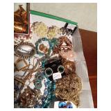 Flat of jewelry including 24K dipped holly ornament, Sarah Coventry, Western Germany, Celebrity, Trifari and more