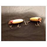 Vintage south bend bass Oreno wooden fishing lure and vintage Wright & McGill Bug-a-boo fishing lure
