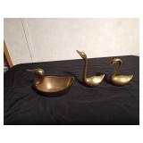 Brass duck and 2 brass swans