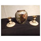 Brass vase and a pair of candle sticks with Mother of Pearl inlay