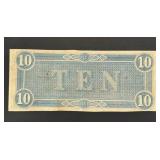 1864 $10 Confederate States of America Civil War Banknote T-68 (Richmond, VA) - Circulated