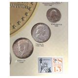 Framed United States 20th Century Coins - 1986 One Ounce (.999) Silver Coin, 1890 Morgan Silver Dollar, 1944 Walking Liberty Half Dollar, 1913 Barber Half Dollar, 1930 Standing Liberty Quarter and Mor