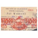 1933 South Carolina Small $10 Pay Warrant